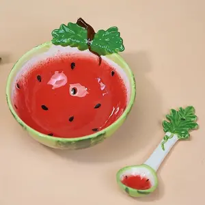 Watermelon Shape Ceramic Bowl Set with Spoon, Cute Fruit Design Rice/soup Bowl, Summer Kitchenware, Perfect Gift for Fruit Lovers