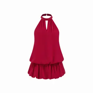 Cider Burgundy Satin Halter Neck Dress - Cutout Back Tiered Ruffle Hem Party Dress for Women