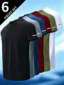 6-Pack Men's Short Sleeve Sportswear, Round Neck Sporty T Shirt, Running Fitness Breathable Quick-Dry Top, Casual Athletic Wear, Running Training Tops, Fitness Training Clothes