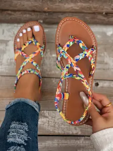 Colorful Braided Sandals, Dopamine Color Flat Sandals, Elastic Back Strap, Beach Vacation Flip Flops, Casual Round Toe, Medium Width