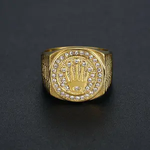 Men Crown Design Ring Hip Hop Stainless Steel PVD 18K Gold Plated Zirconia
