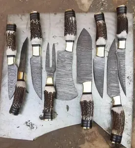 "Handmade Carbon Steel Chef Set with Stag Horn Handles - 9 Piece Culinary Masterpiece"