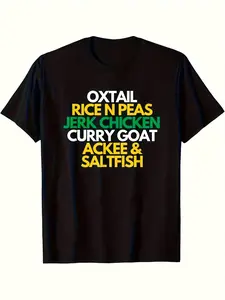 Men's Jamaican Food Pride T-Shirt-Black 100% Cotton 180g Regular Short Sleeve T-Shirt with Bright Fade Resistant Oxtail and Pea Letters-Unisex Casual Clothing for Caribbean Cuisine Cotton Casual Short Sleeve T-Shirt Soft