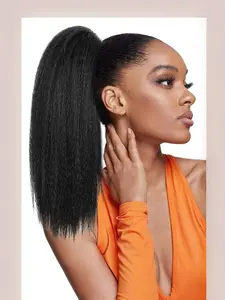 16 Inches Kinky Ponytail Hair Extensions Claw Clip Yaki Brown Ponytail Extension For Black Women Kinky Straight Clip In Ponytail Hair Extensions Synthetic Hairpiece