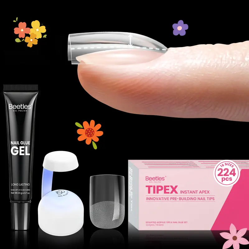 Beetles Tipex Instant Apex Nail Tips Kit Extra Short Squaoval , 224 Pcs Pre-Building Pre-Etched False Nail Tips with Tipex Nail Glue, Mini Nail Lamp-Thick Acrylic Nail Tips Set Mother's Day gift Spring Nail Taste of Spring