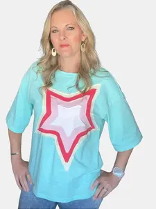 Star Patchwork T-Shirt - Soft Stretchy Fabric, Oversized Graphic Tee, Patchwork Design, Comfortable Summer Wear