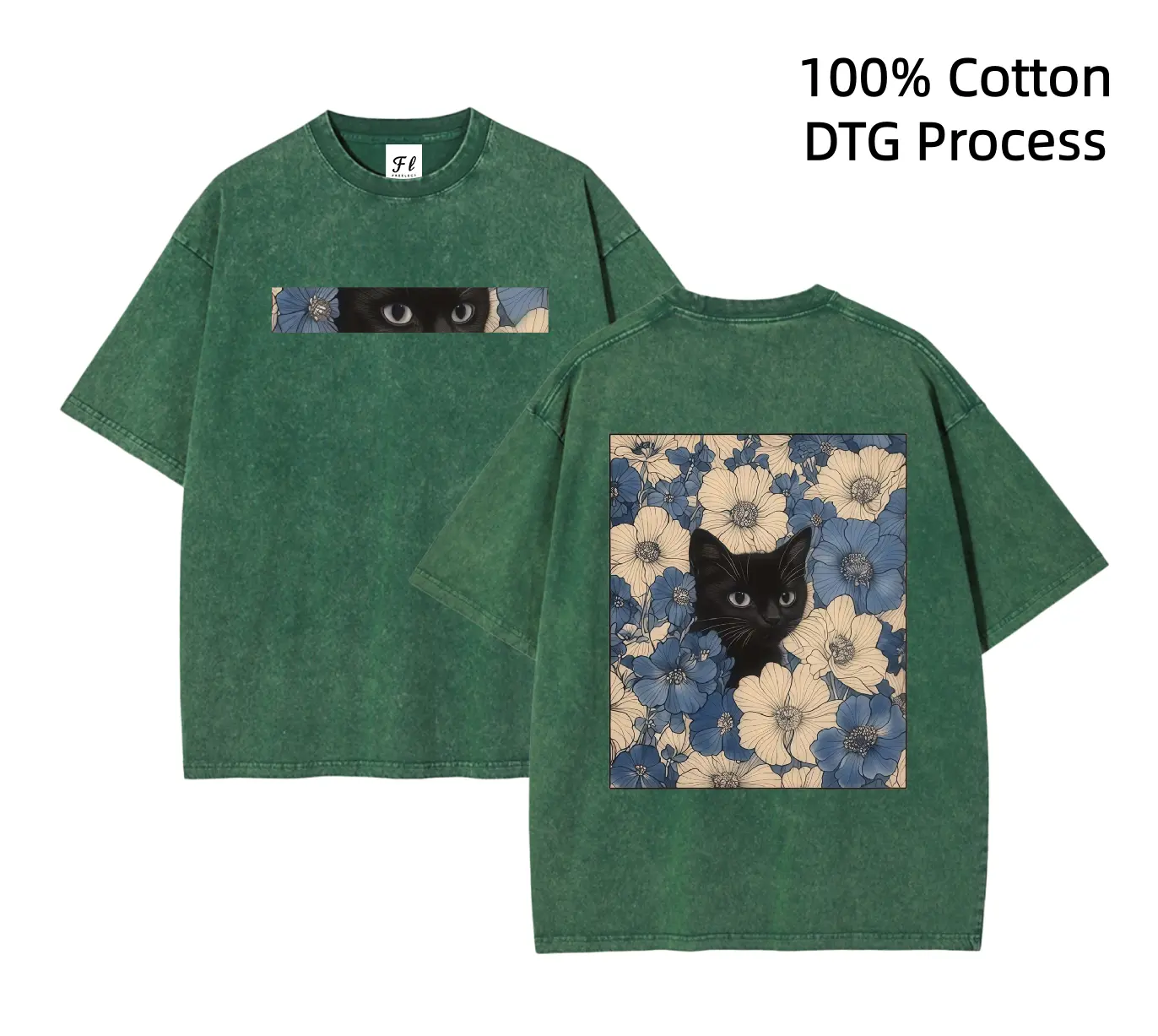 "Cat in the Flowers" Double-Sided Print T-Shirt DTG Process Unisex Loose-Fitting T-shirt, Washed Casual Top (100% Cotton, 280g), Smooth Fabric, Minimalist Style, Street Style, Classic T-shirt, Makes a Great Gift.