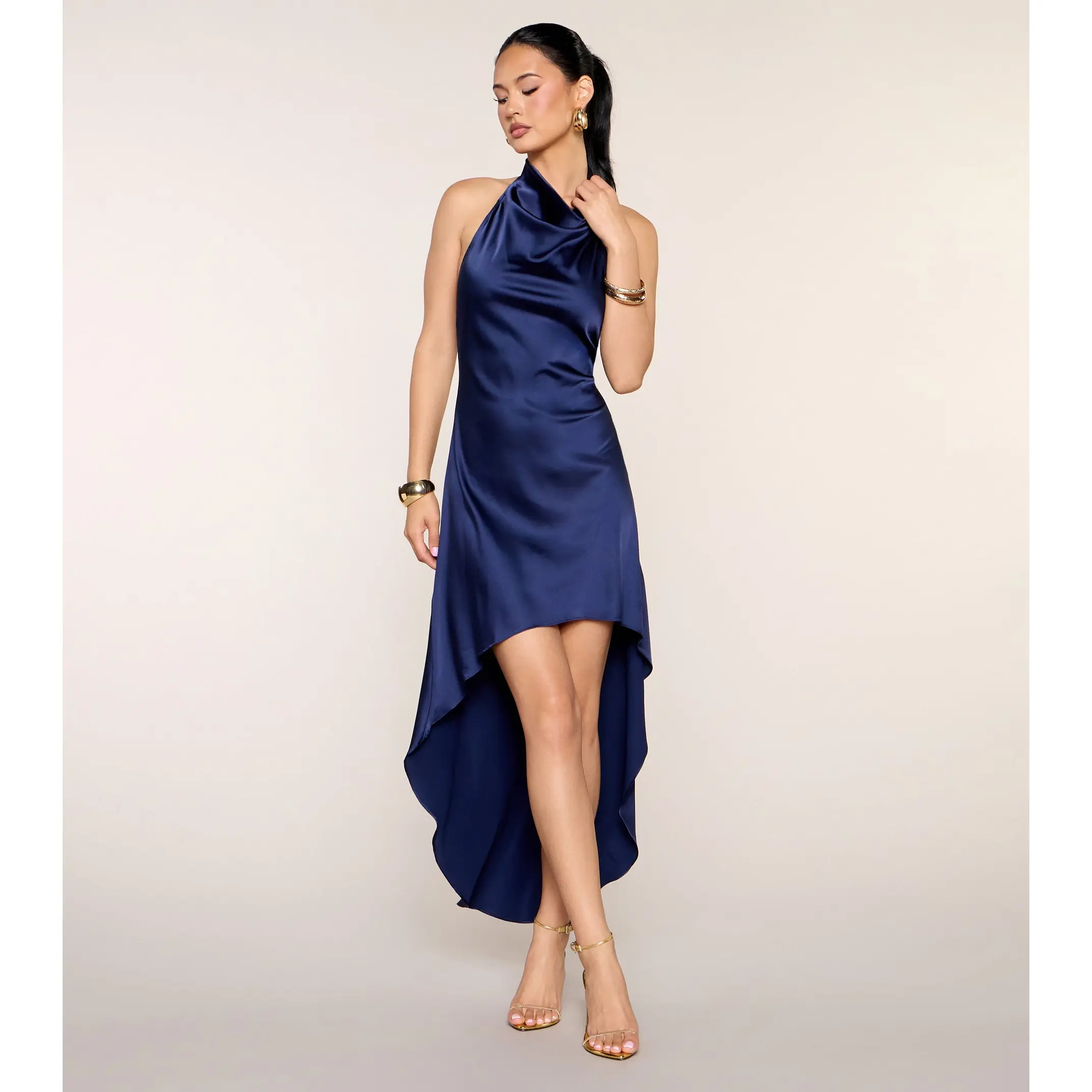 Chic Entrance Satin High Neck Midi Dress