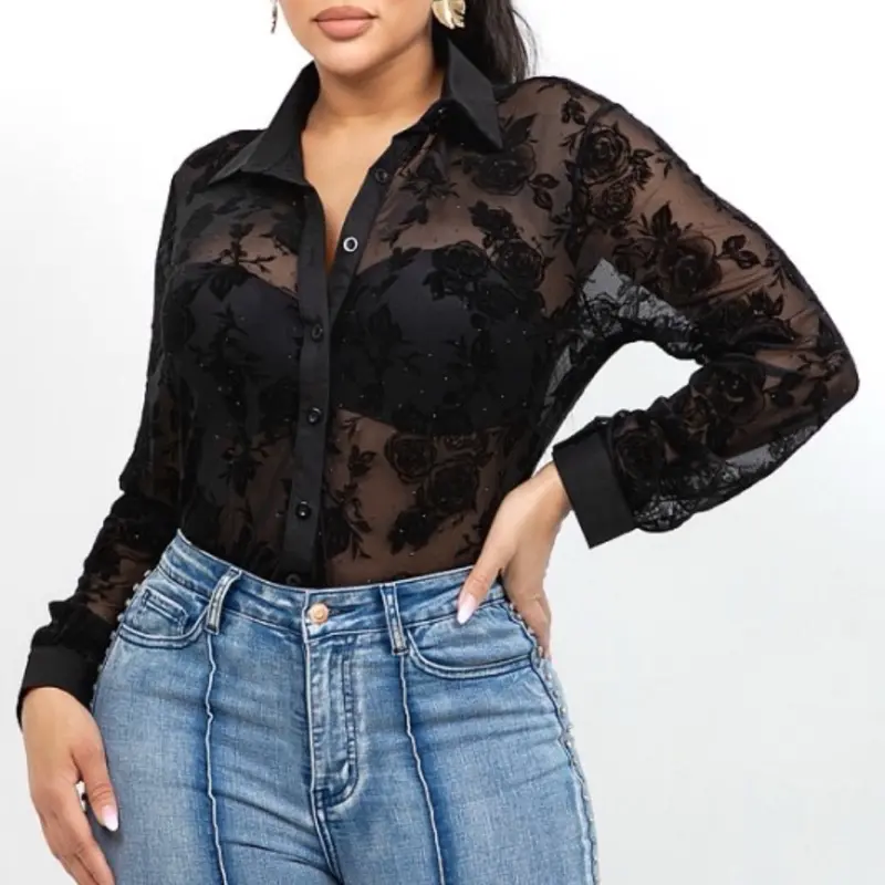 Yurima Top - MESH & BURNOUT PATTERN BUTTON DOWN COLLARED SHIRTS - Sheer & Mesh fabric with burnout pattern - Collared & Button down shirts - Fabric Contents: 95% POLYESTER / 5% SPANDEX