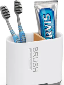 Toothbrush and Toothpaste Holder with Bamboo Divider for Bathroom Countertop Organizer, Detachable for Easy Clean, 2 Slots Electric Toothbrush Holders Storage Caddy Drainage for Family-White
