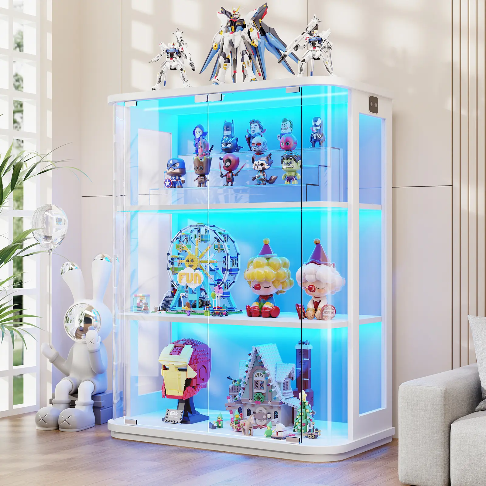 MIIFUNY Rounded Display Cabinet with Glass Door, 3-Tier Curio Cabinet with 3 Color Lights for Collectibles, Glass Display Case with Transparent Full-Display Surface, Human Body Sensor, White