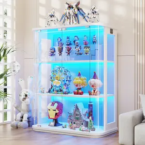 MIIFUNY Rounded Display Cabinet with Glass Door, 3-Tier Curio Cabinet with 3 Color Lights for Collectibles, Glass Display Case with Transparent Full-Display Surface, Human Body Sensor, White