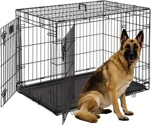 48-Inch Double Door Folding Metal Dog Crate with Divider and Leak-Proof Pan - For Medium to Large Breed Dogs,Panel Indoor Outdoor Dog Kennel Leak-Proof Plastic Tray Wire Animal Cage dog crate