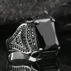 Black Zircon Men's Ring, 925k Silver Stone Wedding Ring for Men, Men's Silver Jewelry