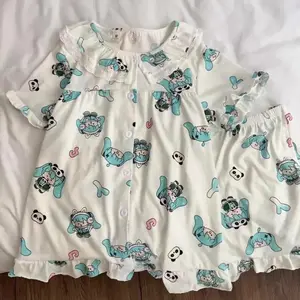 Kawaii Hatsune Miku Panda Thin Short-sleeved Women Pajamas Set New Summer Japanese Cartoon Cute Lace Soft Home Suit Pyjama Pants