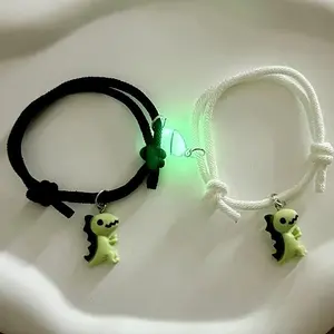Set of 2 adorable dinosaur and glowing heart pendant bracelets — zinc alloy, adjustable rope design for couples; perfect for casual wear or as a Valentine’s Day gift—delicate, surprising