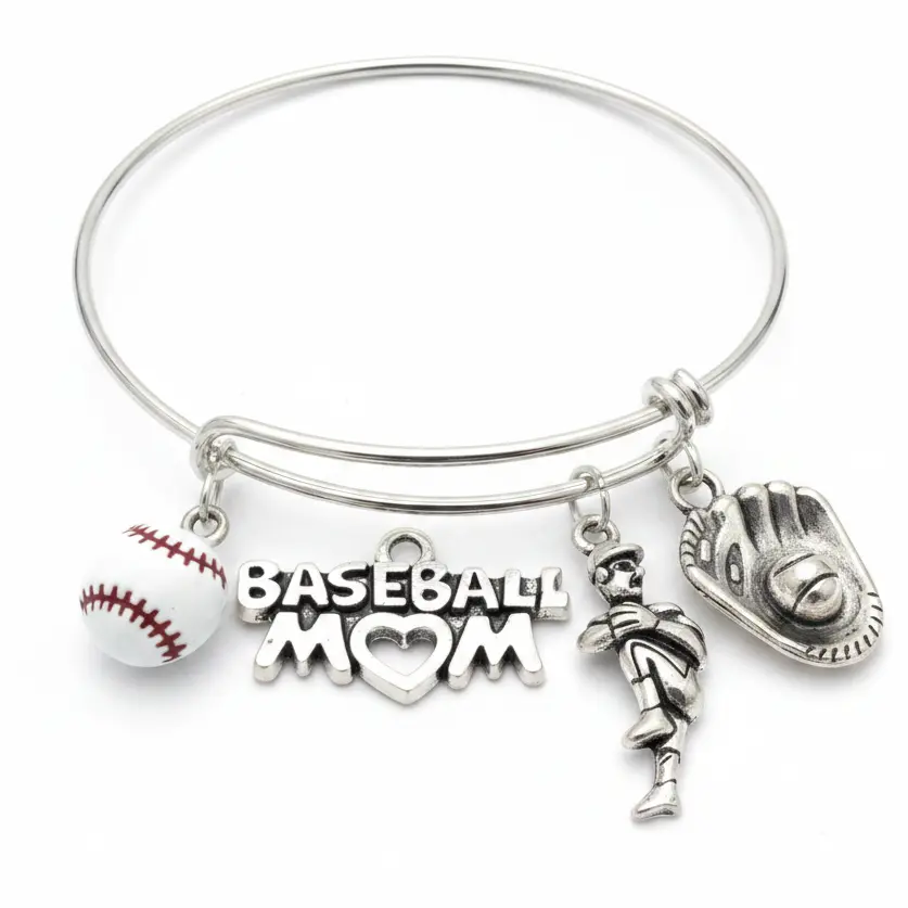 Baseball Mom Charm Bangle Bracelet | Enamel Baseball, Pitcher & Glove Charms | Sports Mom Gift Jewelry