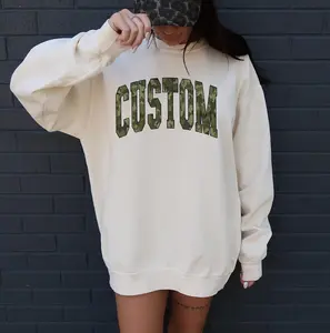 Custom Camo Text DTG Printed Unisex Sweatshirt or T-Shirt Casual Cotton Breathable Crewneck Long Sleeve Piece for Everyday Streetwear Style Womenswear Camouflage Hoodie