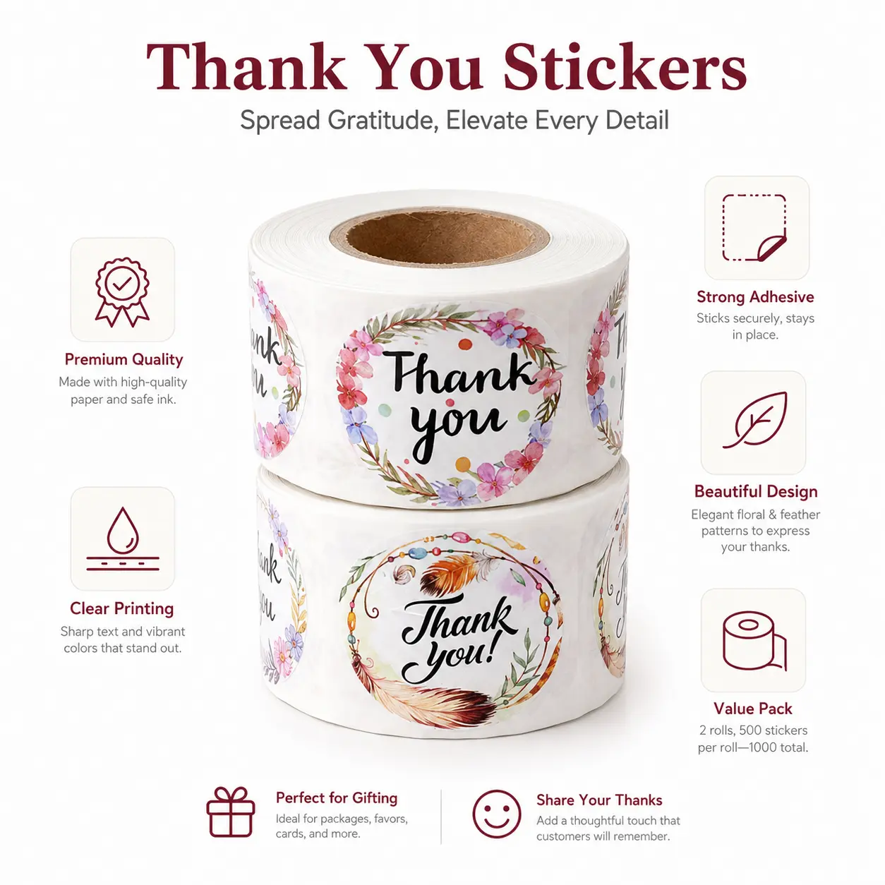 1000Pcs Thank You Stickers Roll – Floral Round Seal Labels, Self-Adhesive Gift Wrapping Stickers for Business, Envelopes, Packaging & Party Favors