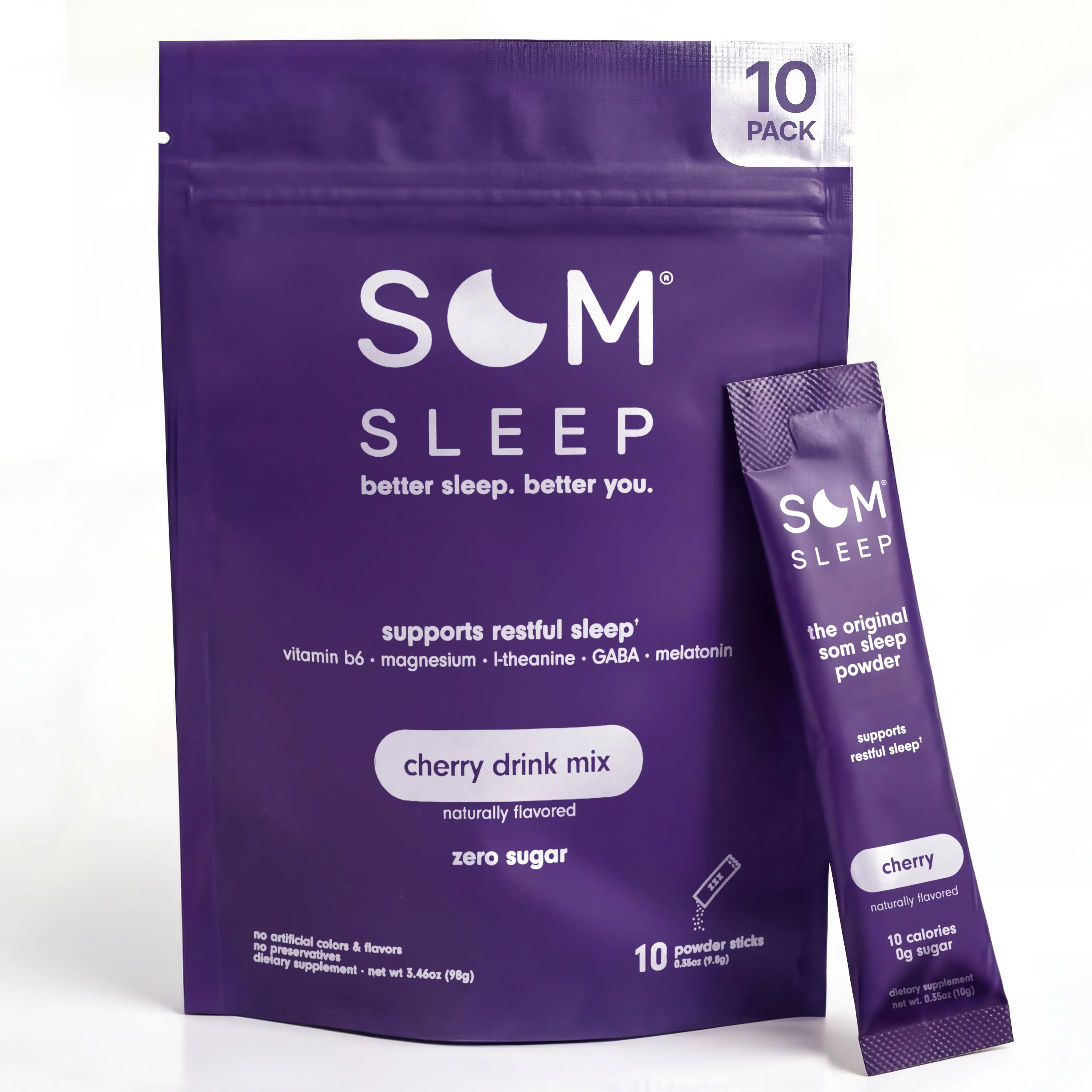 Som Sleep Powder Drink Mix for Restful Nights 10-Pack Zero Sugar with Magnesium Vitamin B6 L-Theanine GABA Melatonin Supplement
