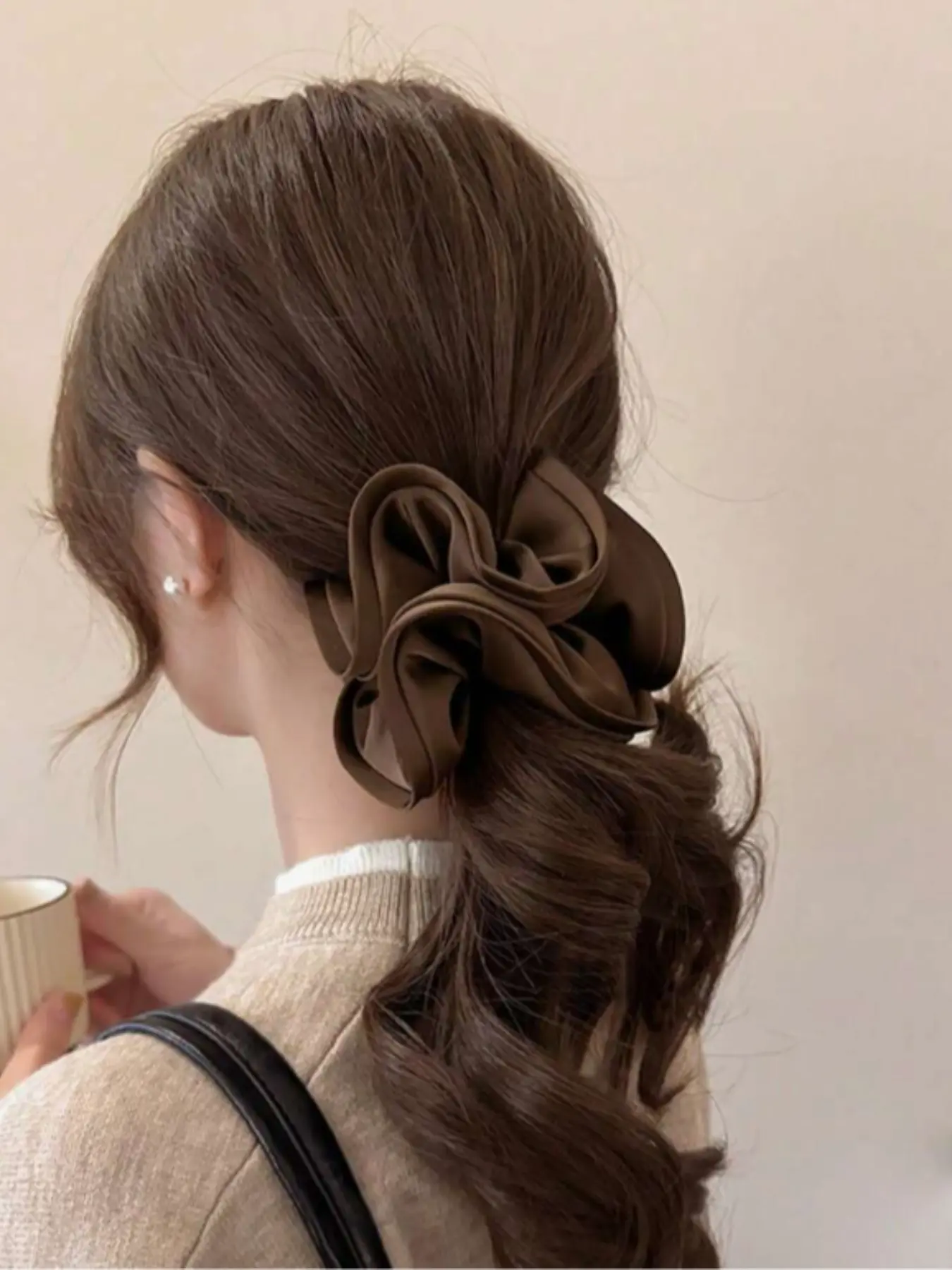2PCS Satin Scrunchies Hair Ties for Women - Big Silk Satin Scrunchie Exra Large Jumbo Gaint Oversized Cute Scrunchy for Curl Thick Hair Fashionable Versatile High-End Elegant Simple Minimalist Solid Color Hair Tie Coffee Brown