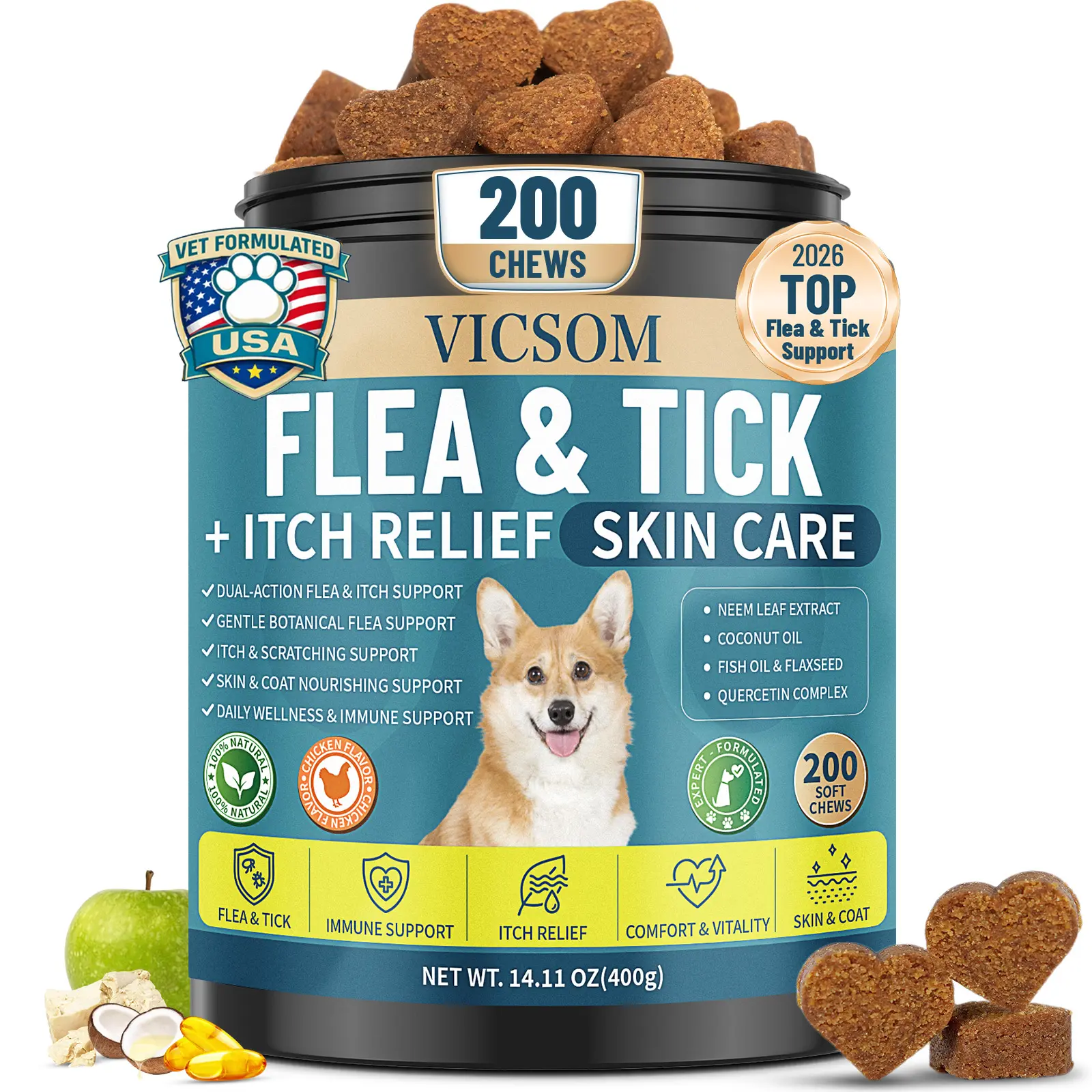 VICSOM Dog Flea and Tick Prevention Chewables, 200 Chicken-Flavored Oral Supplements for All Breeds & Ages, Skin & Coat Support & Itching Relief