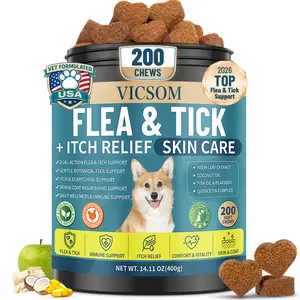 VICSOM Dog Flea and Tick Prevention Chewables, 200 Chicken-Flavored Oral Supplements for All Breeds & Ages, Skin & Coat Support & Itching Relief