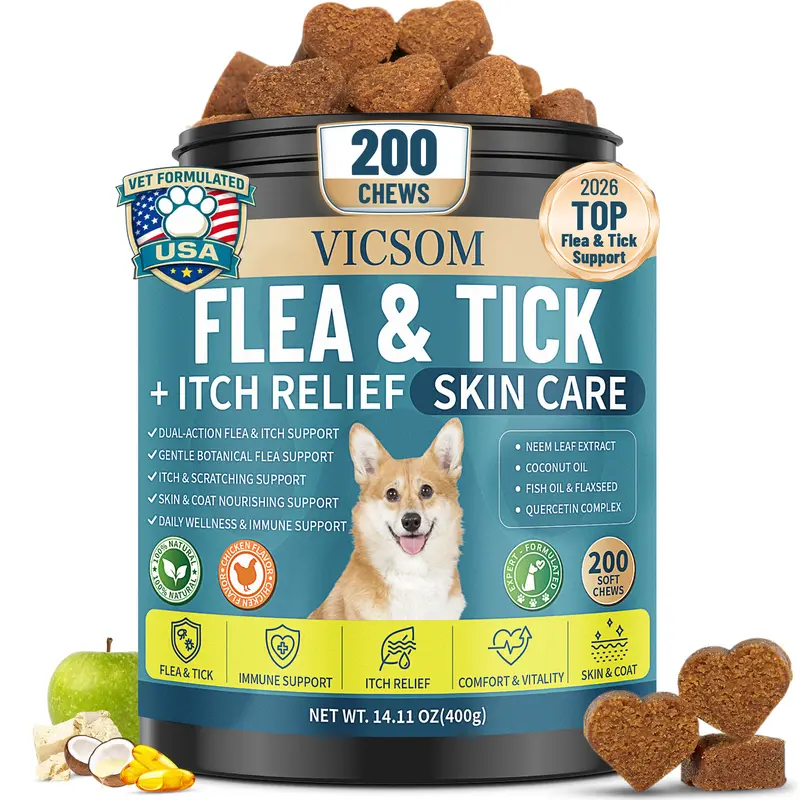 VICSOM Dog Flea and Tick Support Chews, 200 Chicken-Flavored Oral Supplements for All Breeds & Ages, Skin & Coat Support & Itching Relief