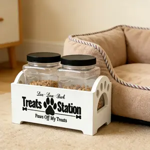 Large-capacity pet food storage solution, retro wooden pet food storage box, wooden dog treat rack, and two plastic treat storage boxes.