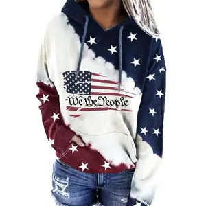 Women’s casual long-sleeve hoodie with drawstring and American flag print, kangaroo pocket sweatshirt, women’s clothing fabric/tops, collar