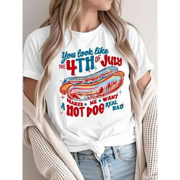 "Makes Me Want A Hot Dog Real Bad" Funny Patriotic Graphic Shirt Fit Tee