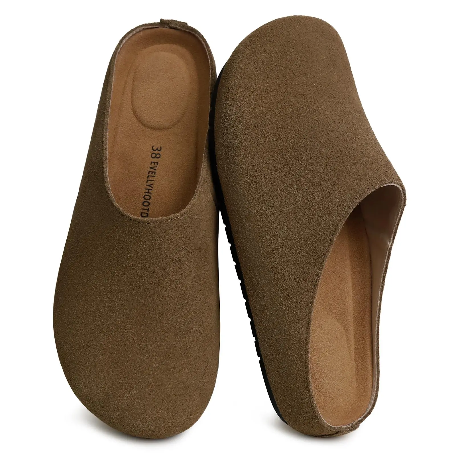 EVELLYHOOTD Women's French Style Genuine Suede barefoot Slip on Round Toe Cork Footbed Clogs Fashion Suede Potato Shoes Outdoor Vintage Comfort Walking Shoes Slippers Classic Footwear,shoes for back to school,back to school shoes