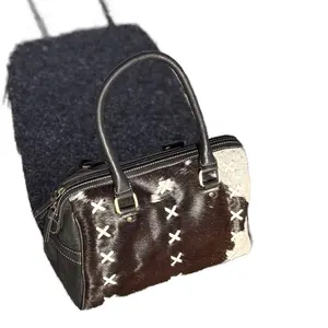 Frontier Stitched Small Speedy Bag Real Hair on Hide with Unique X-Stitch Design and Durable Handle