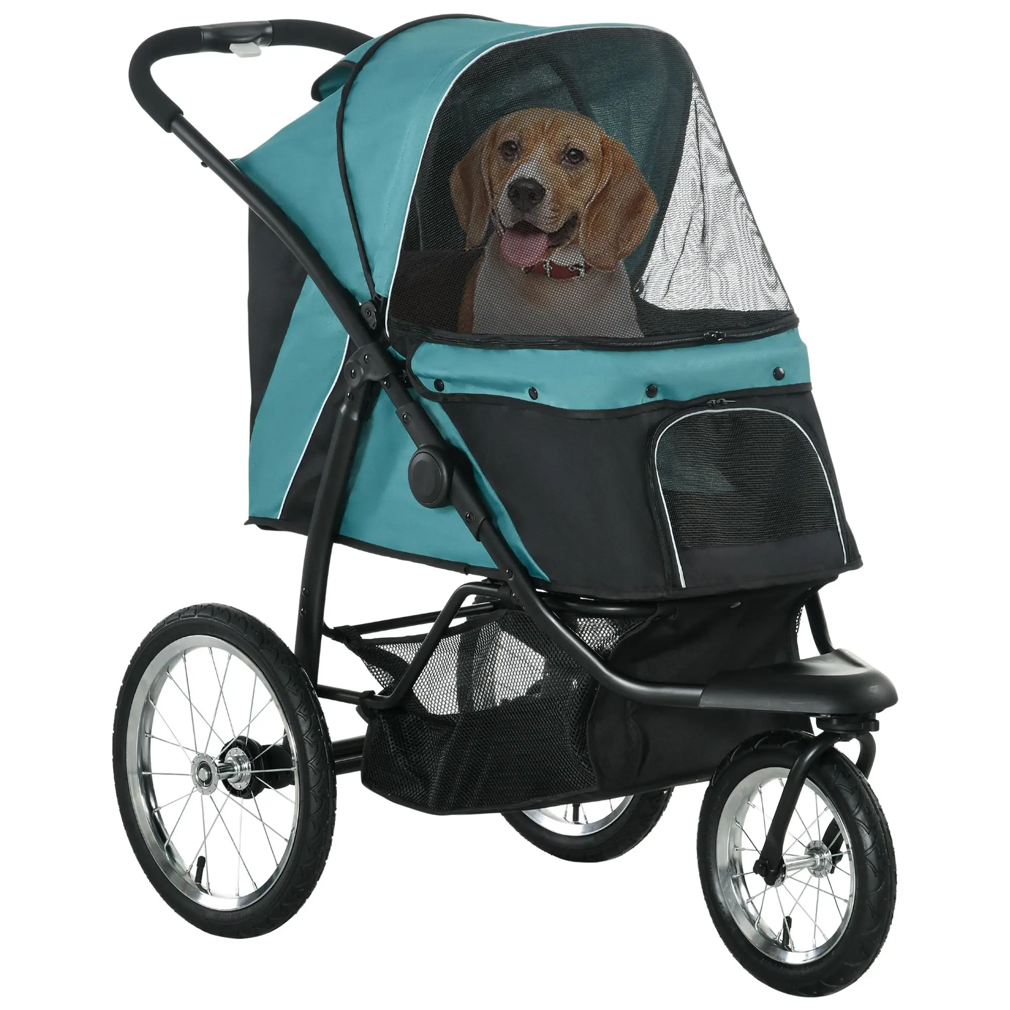 PawHut Pet Stroller for Small Dogs and Medium Dogs, Foldable Cat Pram, Dog Pushchair with Adjustable Canopy, 3 Big Wheels, Dark Green
