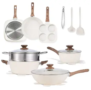 edx 17 Piece Nonstick Cookware Set with Detachable Handle Pots and Pans Set Ceramic Kitchen Cookware Stackable Space Saving Frying Pans Saucepans Glass Lids Oven Safe RV Camping Kitchen Essentials Beige