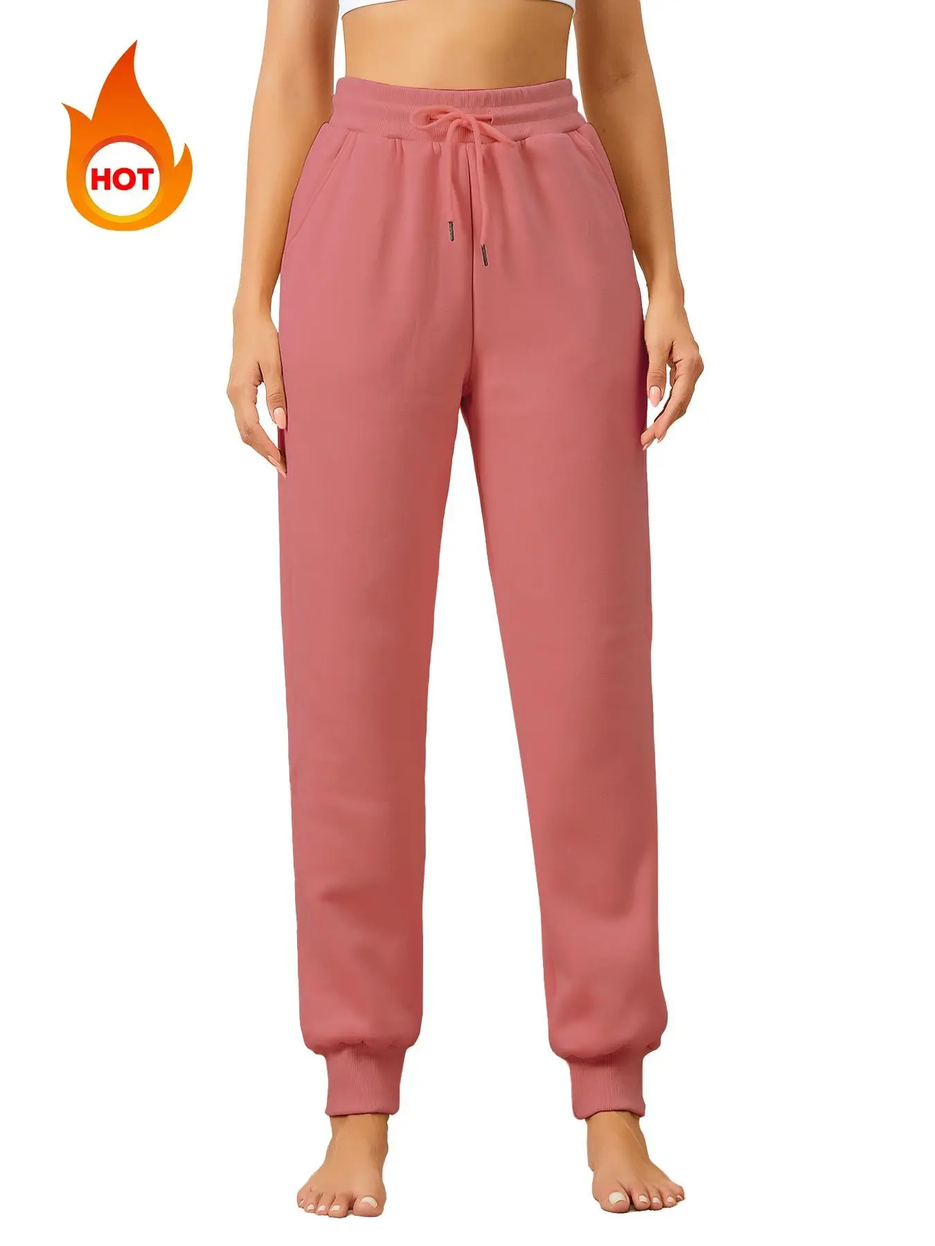 Women's Solid Drawstring Waist Thermal Lined Sweatpants, Casual Pocket Jogger Pants for Fall & Winter, Women's Trousers for Daily Wear