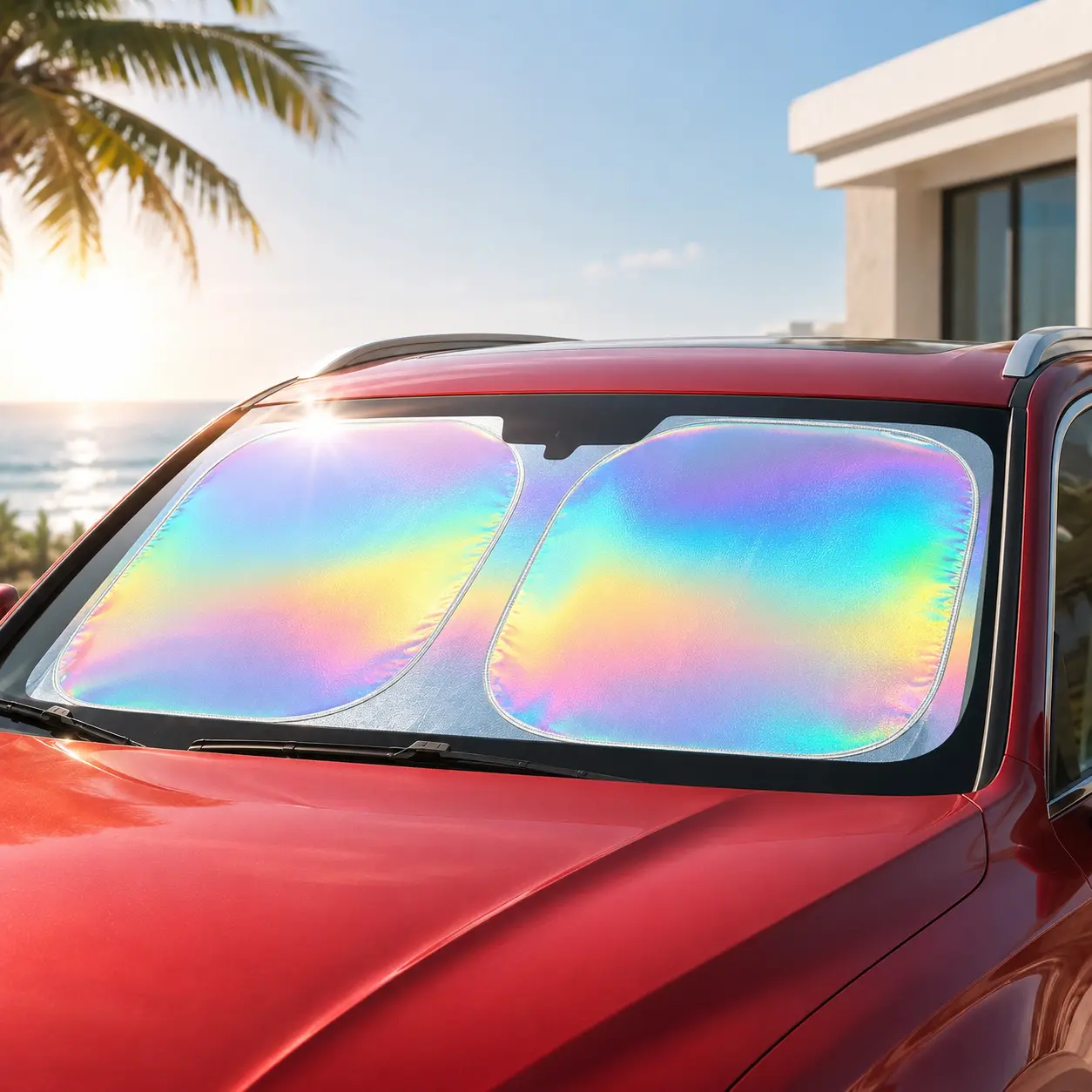 Polyester Car Windshield Sunshade for Cars/SUVs - Laser Reflective Coating Heat Blocker, Foldable Anti-UV Large Standard-Fit Front Cover with Matching Storage Carry Pouch