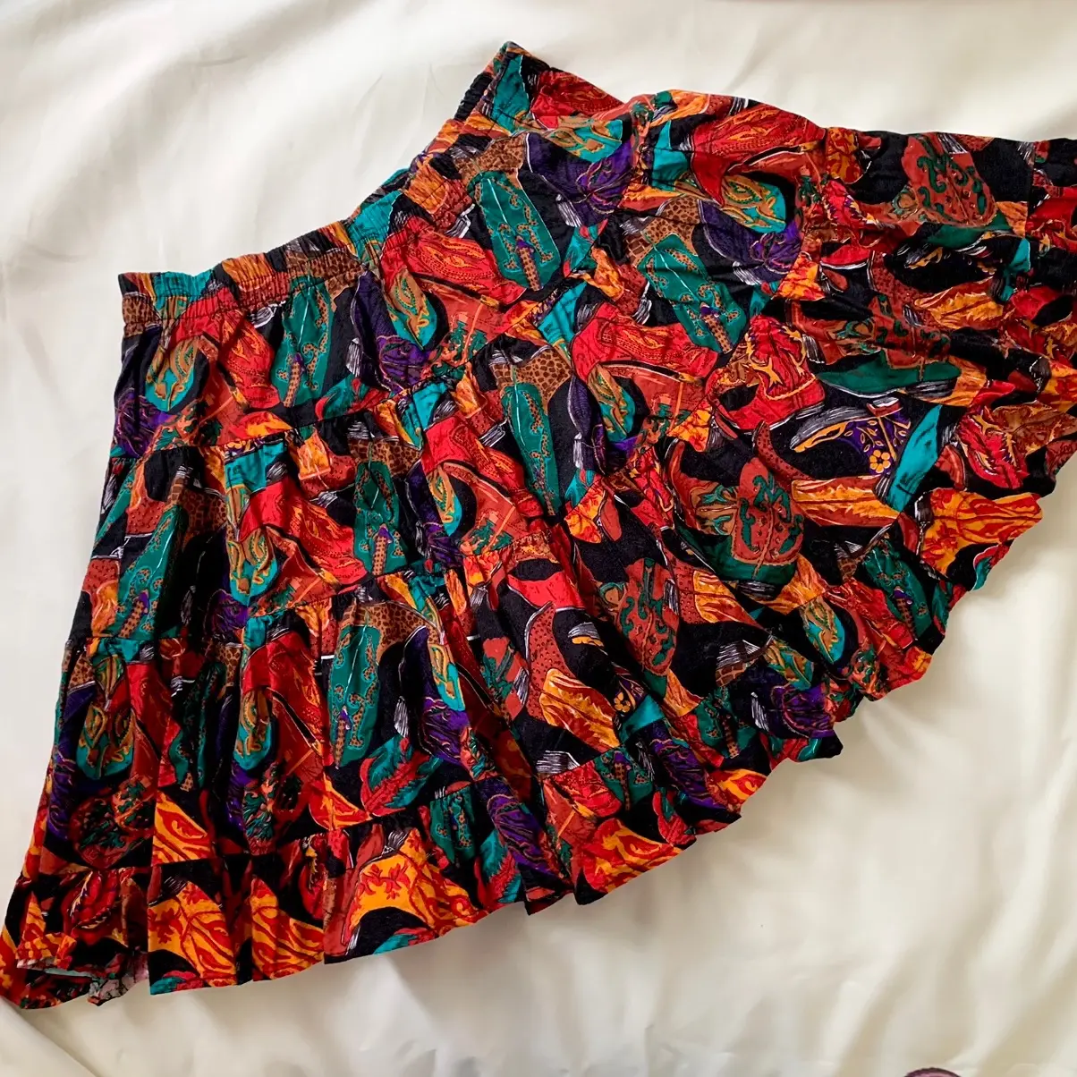 Vintage 1980s Cotton Colorful Rainbow Square Dancing Tiered Skirt Cotton Cotton Casual Mini Cotton Cotton