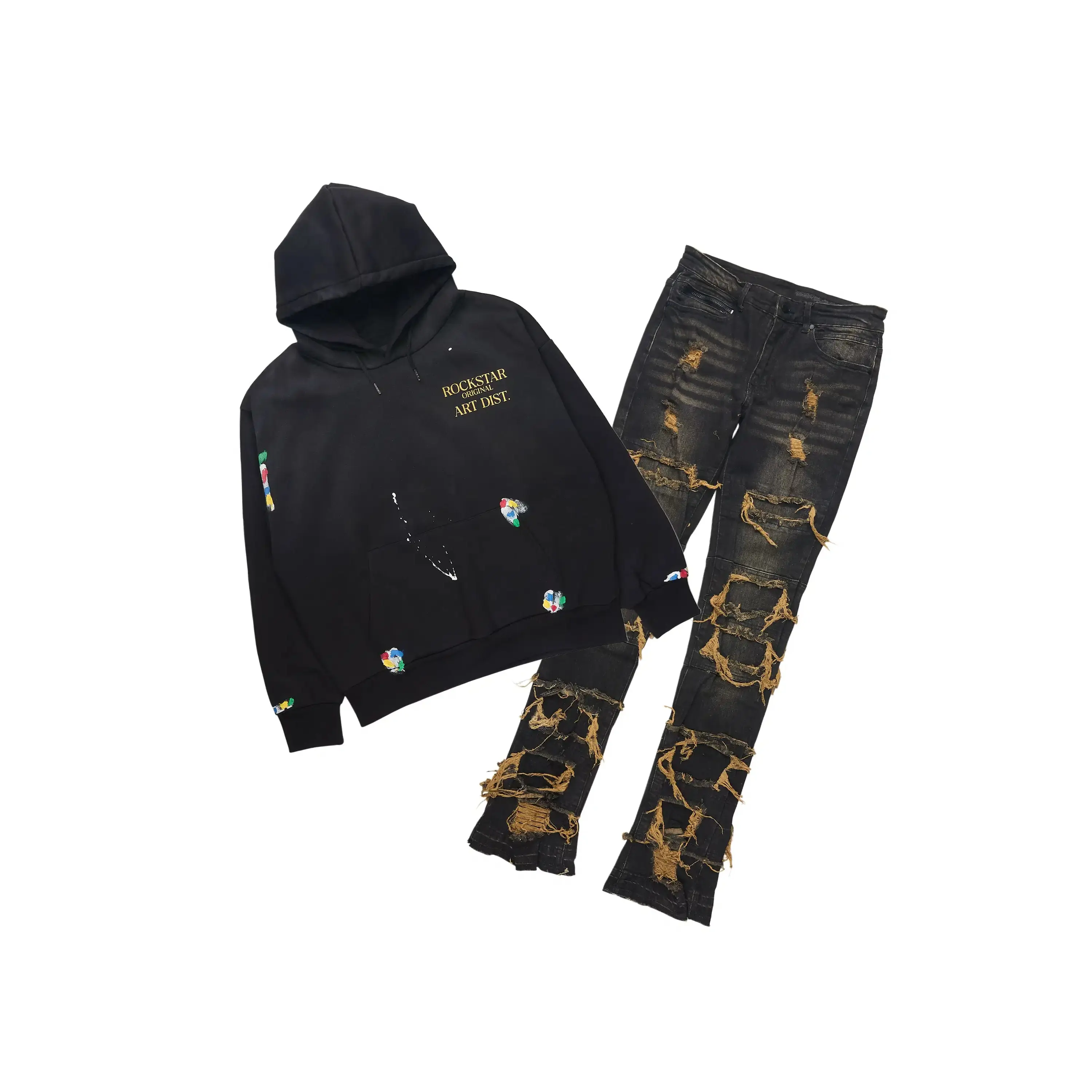 Palmer Black Relaxed Hoodie & Vasco Tint Grey Stacked Flare Jean Set