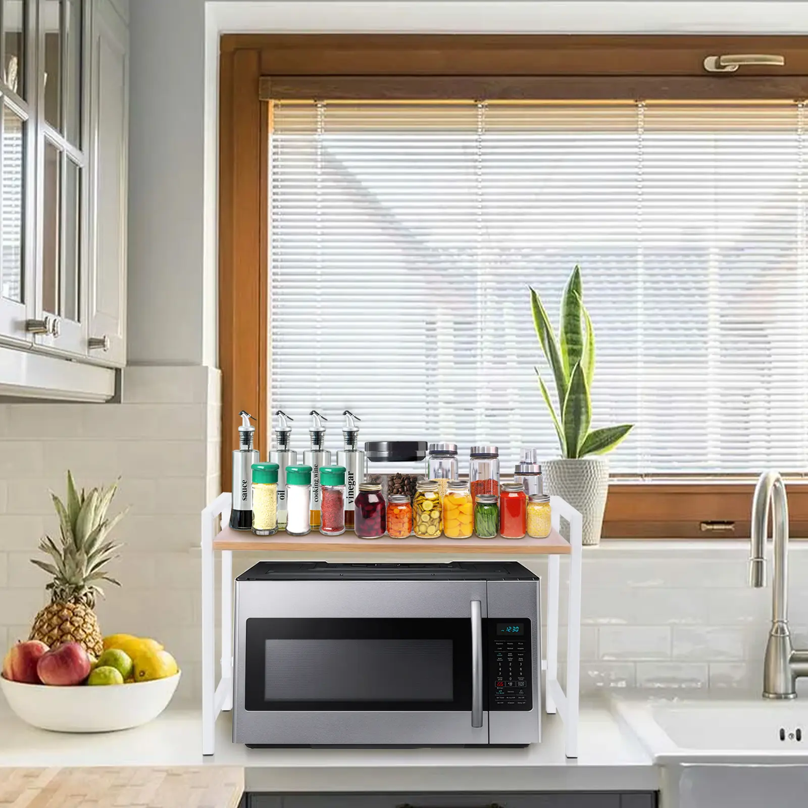 Heavy-Duty Smooth Expandable Metal Microwave Rack - Adjustable Metal Stand with Steel-Wood Shelf, 53cm 530x260x360mm Wipe-Clean Home Organizer for Kitchen Countertop, Office Box Storage & Organizing