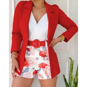 Women's Long Sleeve Blazer & Floral Print Shorts Set With Belt  Womenswear Clothes(Sheets)