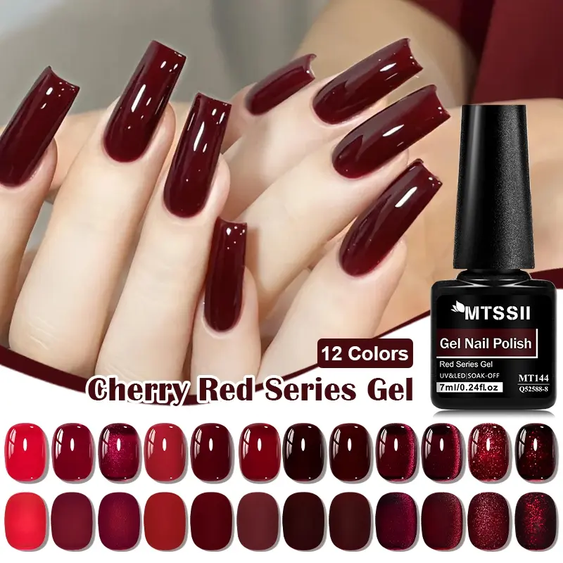 MTSSII 12pcs Christmas Red Gel Nail Polish Set, Cherry Red Fall Winter Red Velvet Nail Gel Semi Permanent UV LED Soak Off Salon Perfect for Christmas Decorations Gifts, New Year & Holiday Manicures, Cosmetic, Nail Gel Art, Nail Care