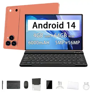 2026 new tablet model, Android 14, 10.1-inch display, 4 GB RAM + 64 GB ROM, dual cameras (5 MP front + 16 MP rear), 6000 mAh battery, dual speakers, includes a bundle that includes keyboard, mouse, stylus pen, and protective case.