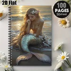 1 Mermaid Themed Spiral Notebook, 5.7x8.26 Inch, Durable Coil Binding, Ocean Travel Journal, Beach Vacation Diary, Mermaid Lovers Gift for Birthday, Summer Holiday, Seaside Trip, Daily Writing, Creative Notes [2D] Flat