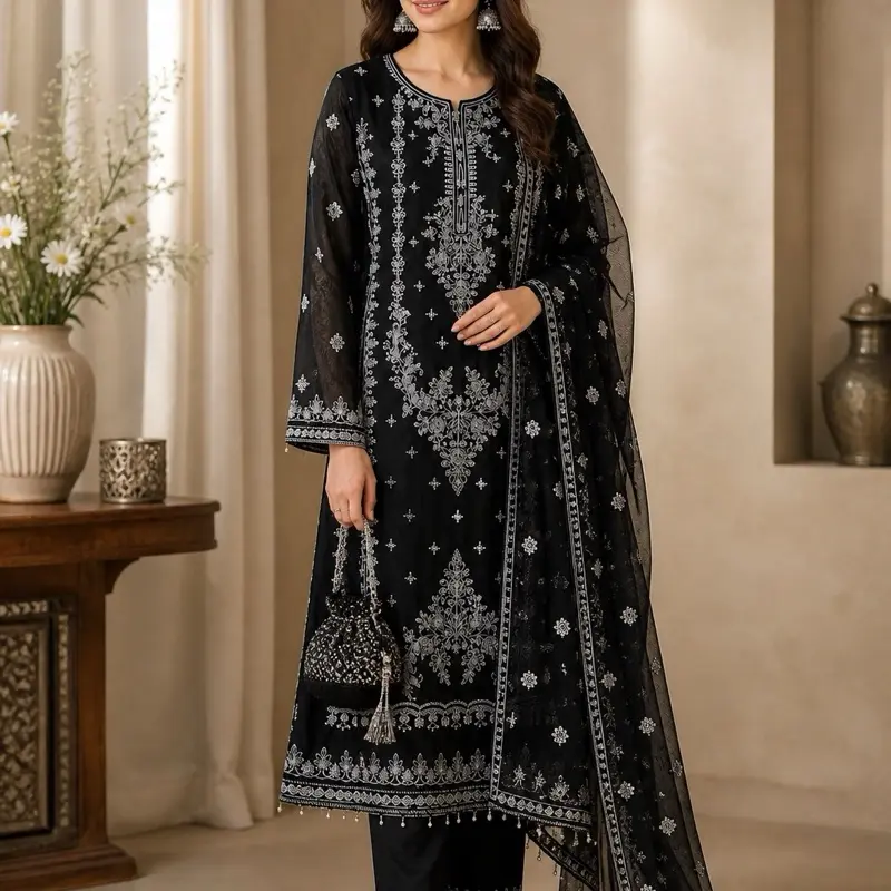 Elegant Black Embroidered Kurta with Intricate Floral Patterns and Long Sleeves for Women