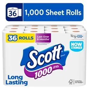 Scott 1000 Toilet Paper, 36 Rolls, 1000 Sheets Per Roll, Tissue, Bulk Bathroom Tissue, Septic Safe, Bathroom Tissue, Toilet Paper Bulk Pack, Household Paper, Value Pack Toilet Paper, Scott Tissue, Toilet Roll
