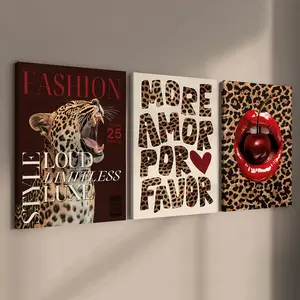 3 count wooden frame canvas, leopard print style Trendy play posters, vintage decor, Stylish bedroom Decor, Modern Art Home Decor, Living Room and hallway wall Decor, HD, waterproof, Art, Leopard Camouflage Print