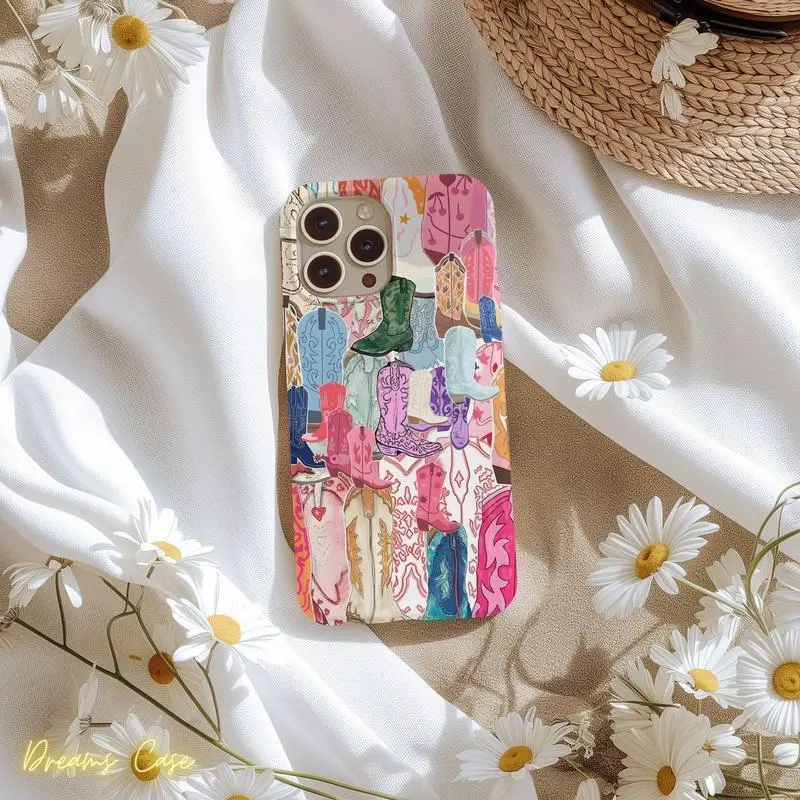 Girly Coquette Disco Cowgirl Boots Collage Aesthetic Heavy Duty Tough Phone Case Shockproof Drop Protection Durable Hard Cover Trendy for iPhone 11 12 13 14 15 16 17 Pro Max Plus