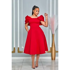 OFF SHOULDER BUBBLE RUFFLE DETAIL FIT-AND-FLARE MIDI DRESS (RED)