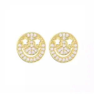 Happy Face Mini Stud - Earrings with Decorative Stars and Gold Finish